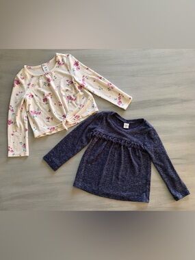 GAP & OshKosh Girls 3T Stretchy Long-Sleeve Knit Tops. Floral tie, Navy Ruffle